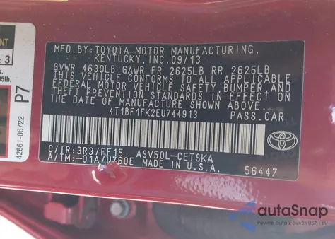 2014 Toyota Camry Se z USA, uszkodzony, nr VIN 4T1BF1FK2EU744913